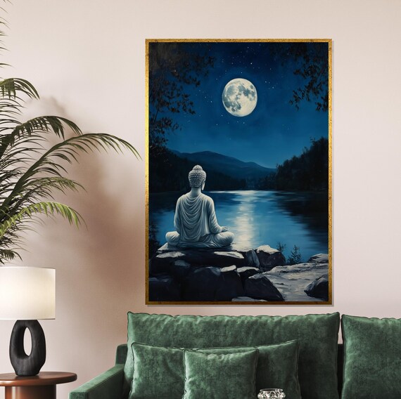 Buddha Meditating Moonlit Lake Night Mountain Serenity Poster