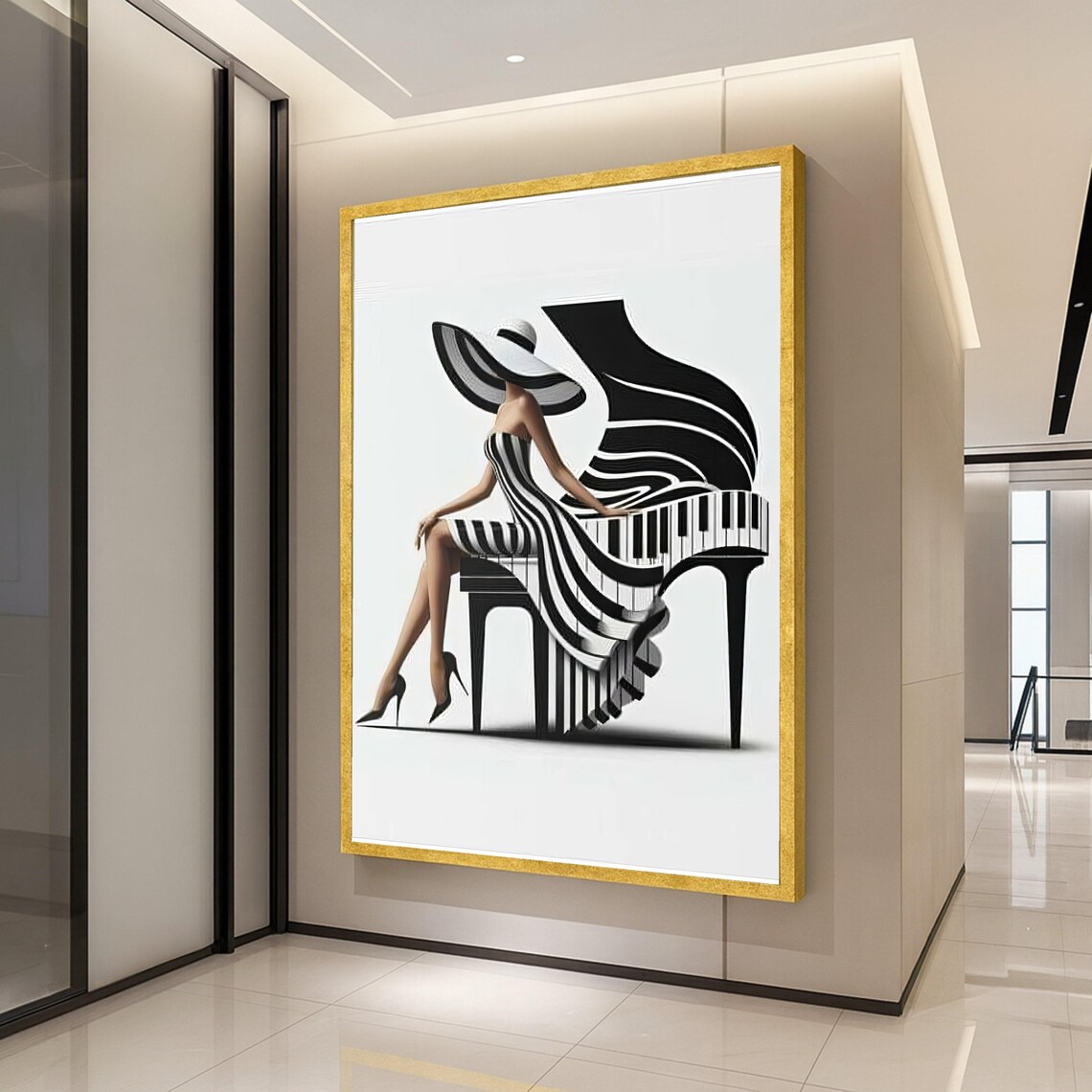 Elegant Woman In Striped Dress And Wide Hat Piano Art