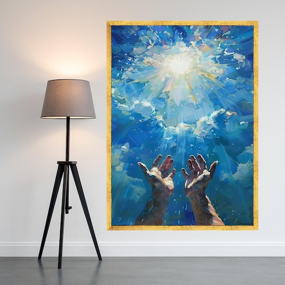 Reaching Hands To Light Spiritual Canvas Wall Art Blue Sky Rays Inspirational Home Decoration Abstract Ready Hang