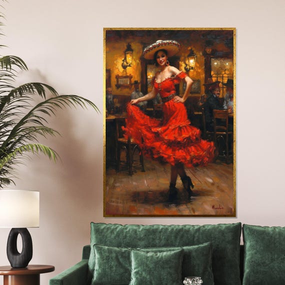 Flamenco Dancer In Red Spanish Dance Traditional Hat Art Wall Art Design Vibrant Decor Ready To Hang Decoration