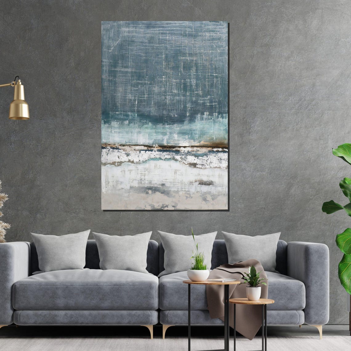 Dark Teal Ocean Horizon Misty Seascape Textured Moody Wall Art - Image 2