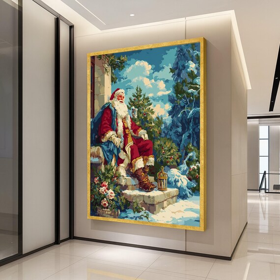 Vintage Santa Claus Sitting Snowy Scene Christmas Canvas Poster
