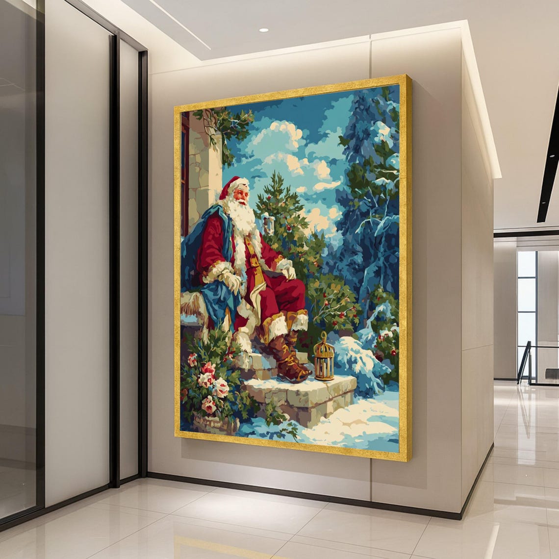 Vintage Santa Claus Sitting Snowy Scene Christmas Canvas Poster