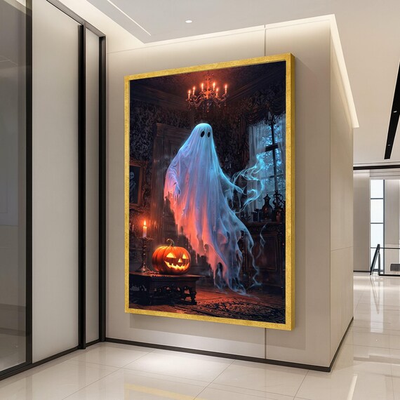 Canvas Print Haunted House Wall Art Halloween Decoration Spooky Decor Jackolantern Ready To Hang