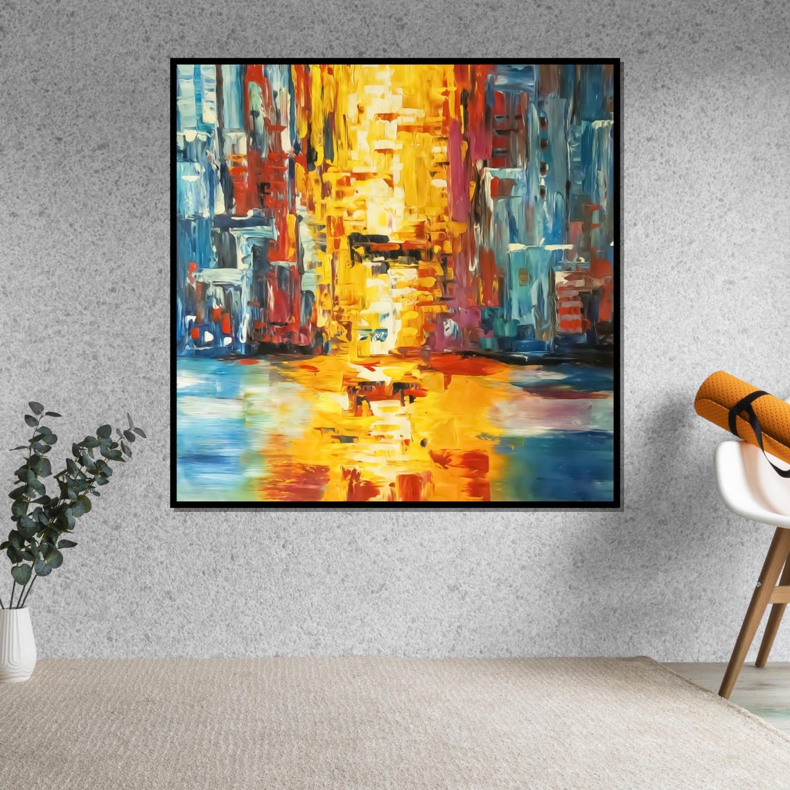 Vibrant Golden Cityscape Night Reflection Colorful Impasto Print - Image 5