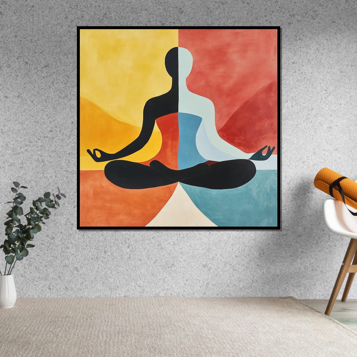 Split Black White Meditating Figure Colorful Abstract Art Poster - Image 5