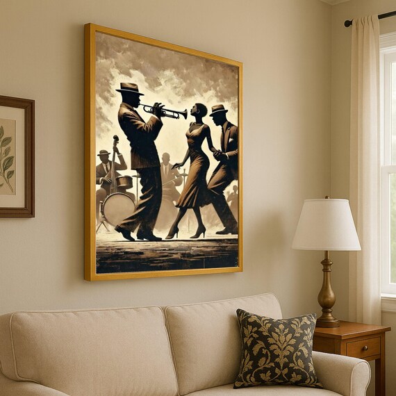 Vintage Jazz Night Scene Canvas Style Poster Dancing Couple Trumpet Player