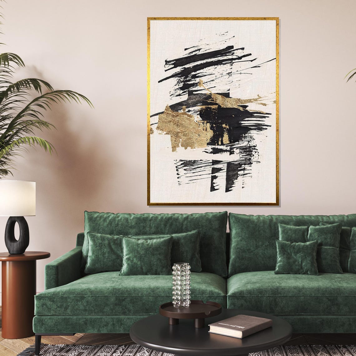 Dramatic Black Gold Brushstrokes White Modern Abstract Print