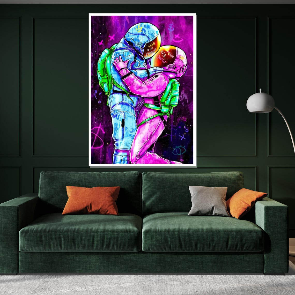 Neon Astronaut Couple Embrace Cosmic Love Graffiti Style Poster - Image 3