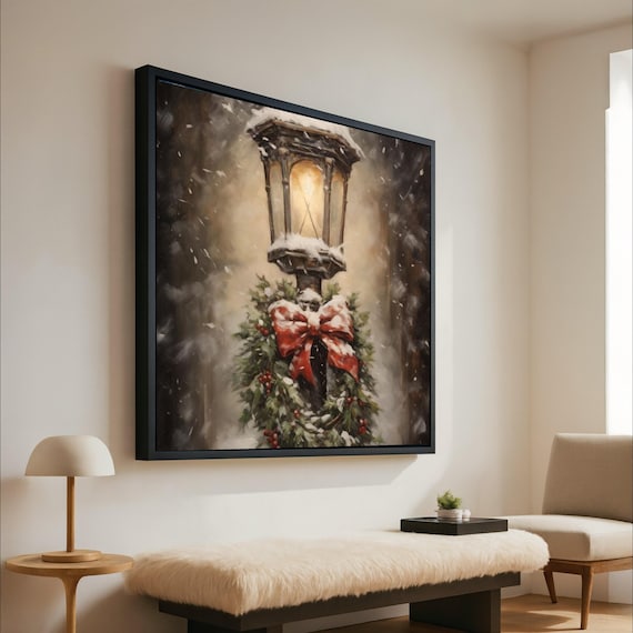 Vintage Snowy Street Lamp With Christmas Wreath Winter Canvas Print