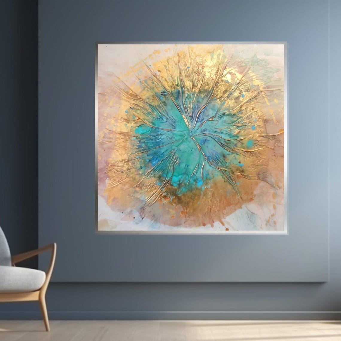 Turquoise Gold Burst Abstract Splash Fluid Watercolor Art Poster - Image 4