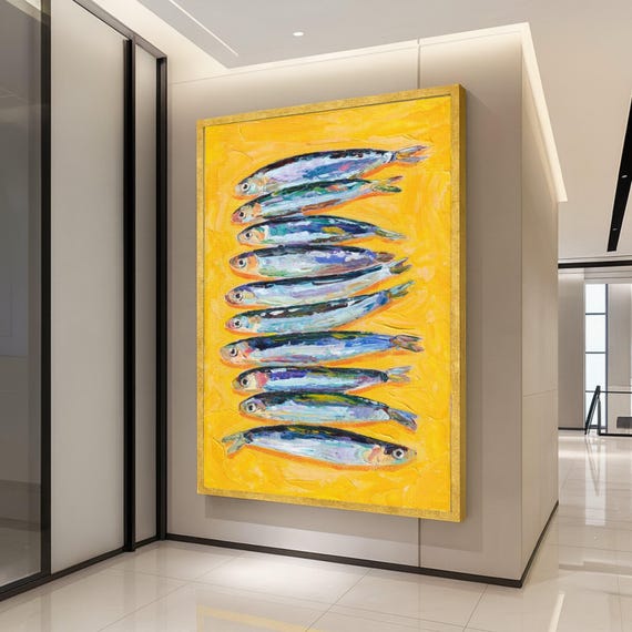 Colorful Sardines Painting Canvas Vibrant Fish Wall Art Nautical Kitchen Decor Coastal Bright Yellow Ready To Hang