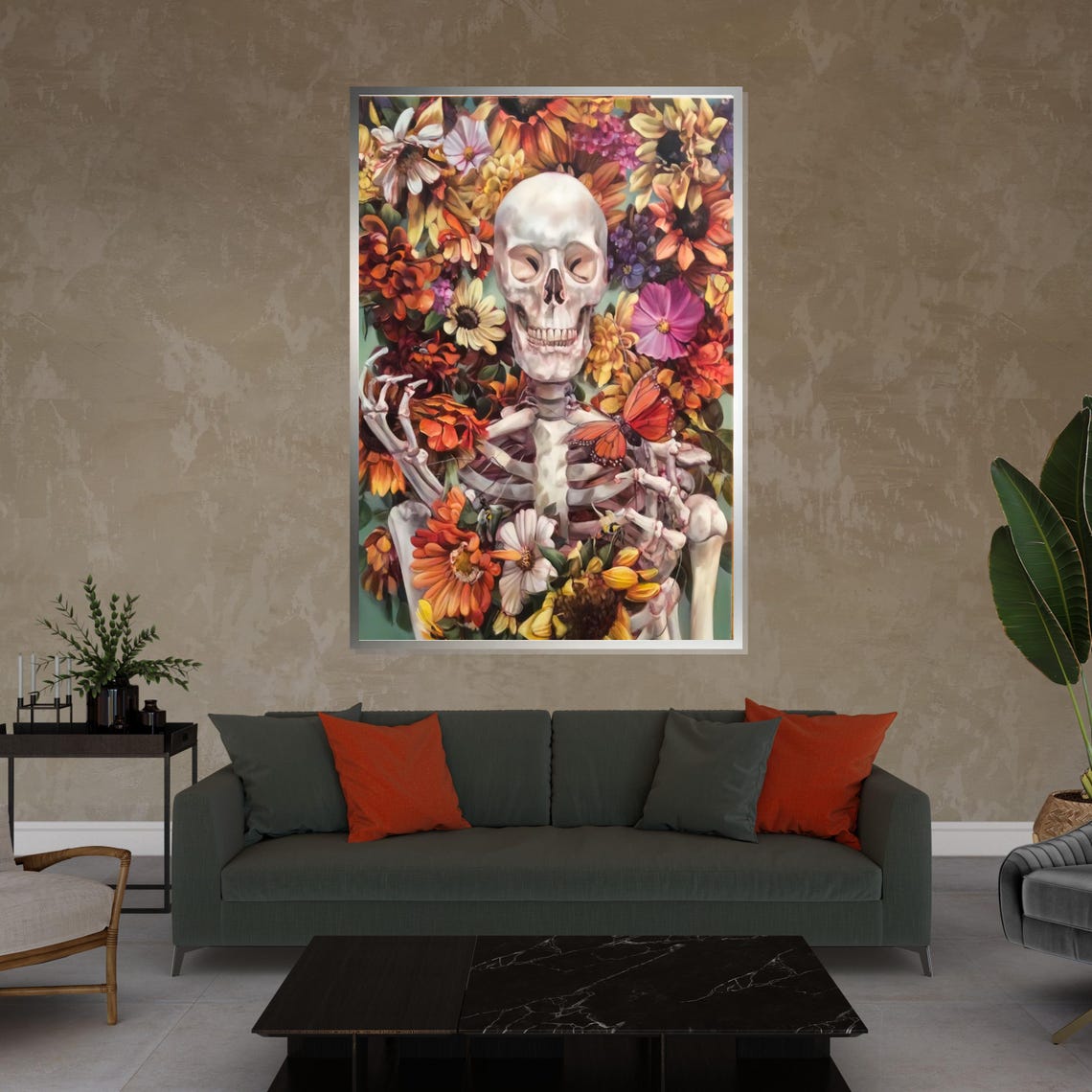 Skeleton Surrounded By Sunflowers Butterfly Floral Gothic Art Poster - Image 4