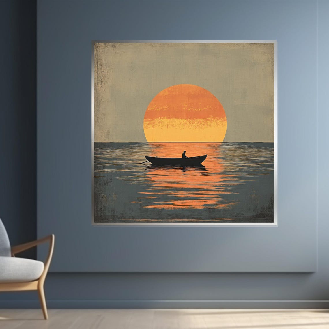 Lone Fisherman Rowboat Under Giant Orange Sun Minimalist Poster - Image 4