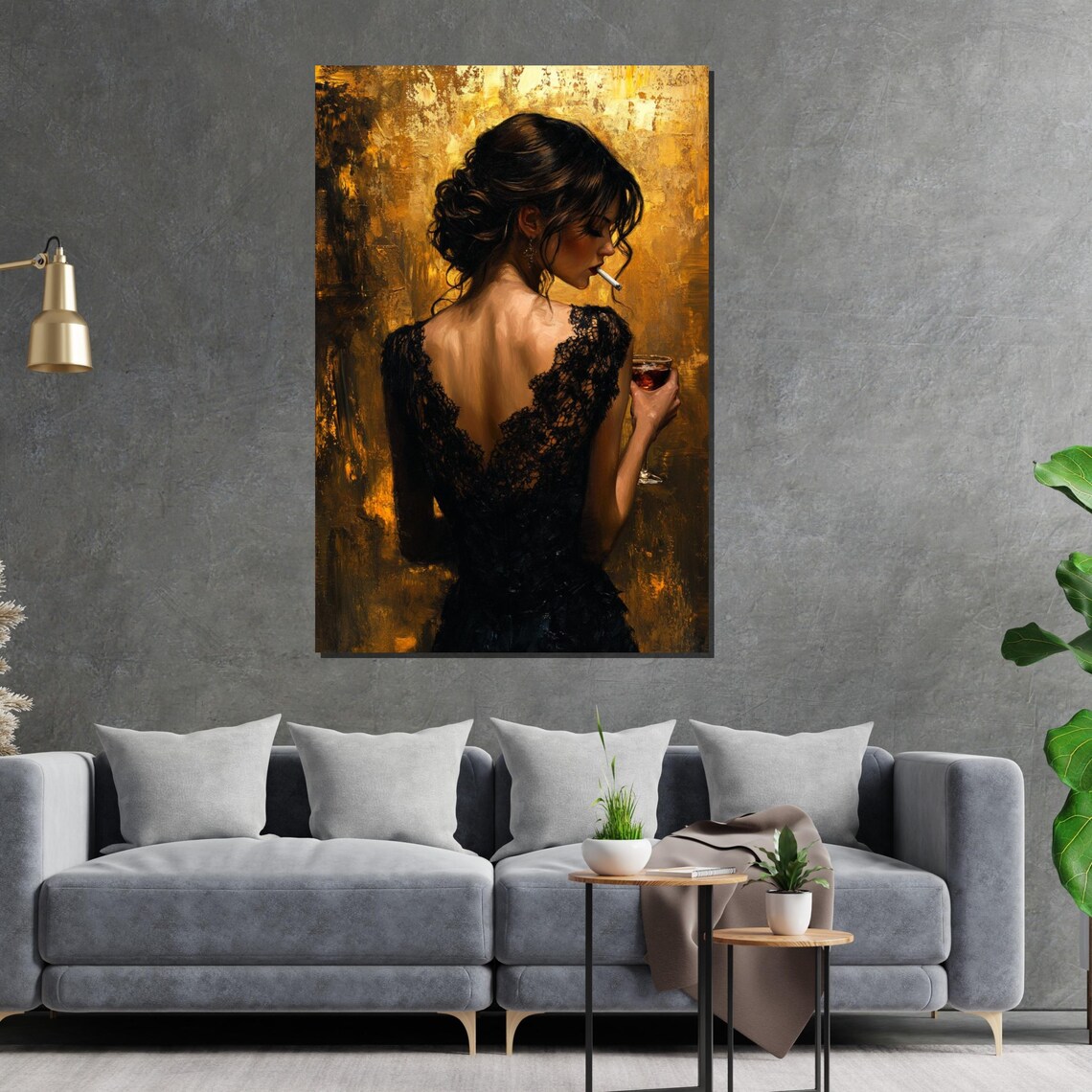 Elegant Woman In Black Lace Dress With Wine Golden Glamour Poster