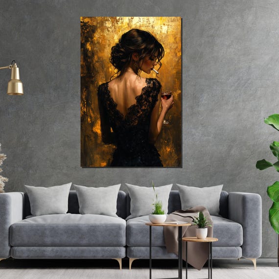 Elegant Lady With Cigarette Vintage Art Woman In Black Dress Wall Art Design Ready To Hang Home Decoration