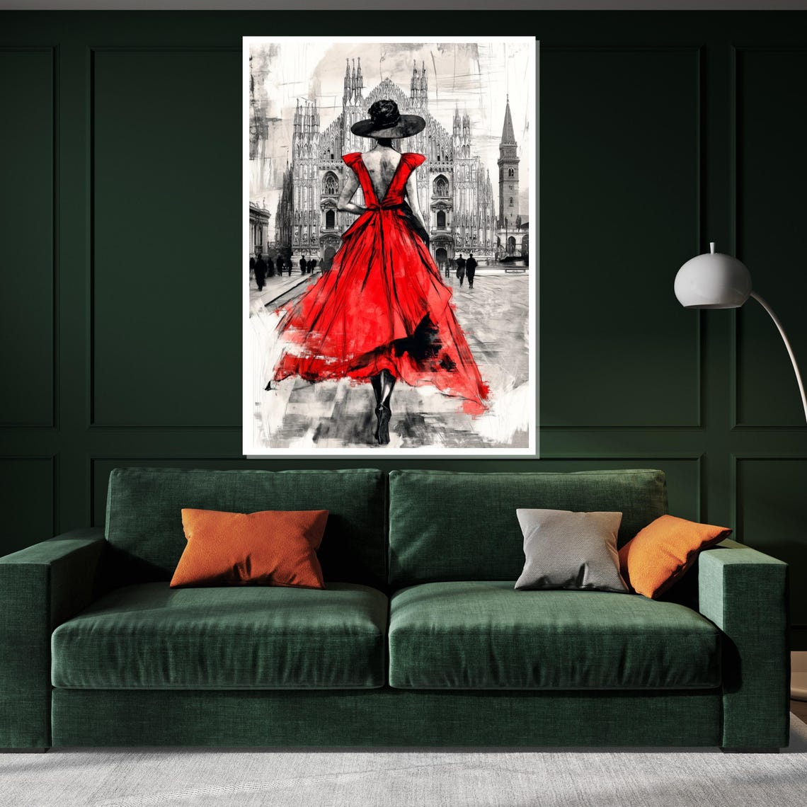 Lady In Red Dress Before Milan Cathedral Romantic Fashion Art Poster - Image 2