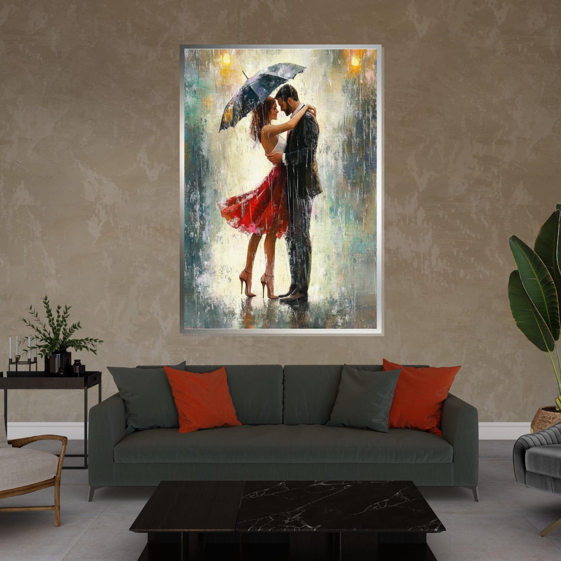 Romantic Couple Under Umbrella in the Rain Red Dress Art Poster - Image 4
