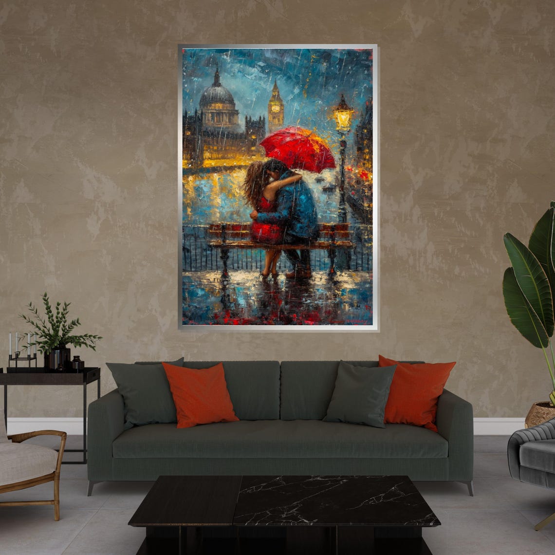 Rainy London Kiss Couple Under Red Umbrella Big Ben Night Poster - Image 4