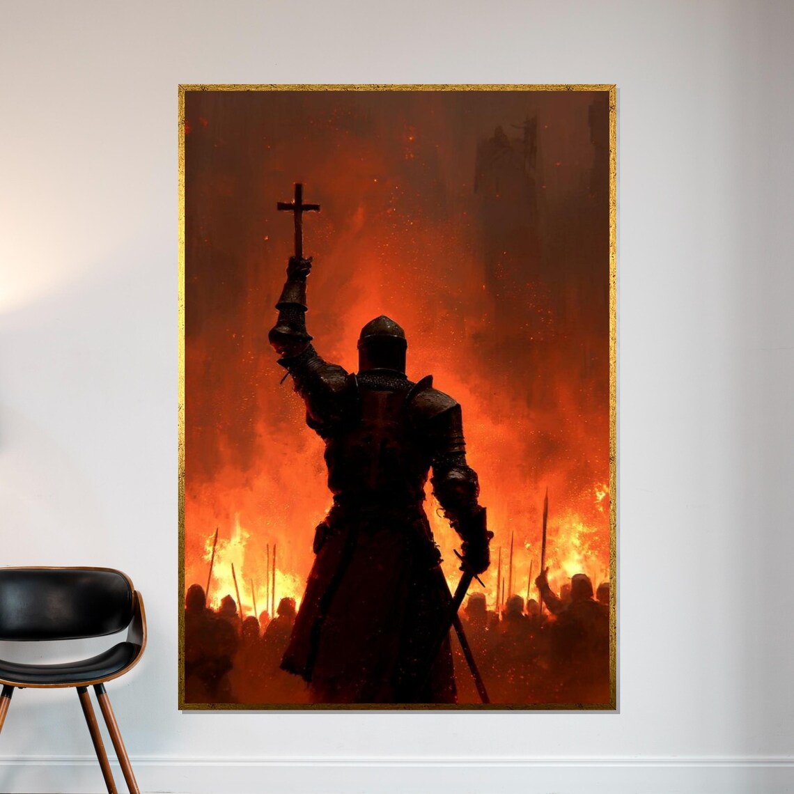 Medieval Crusader Knight Cross Fiery Battlefield Dark Fantasy Art Poster