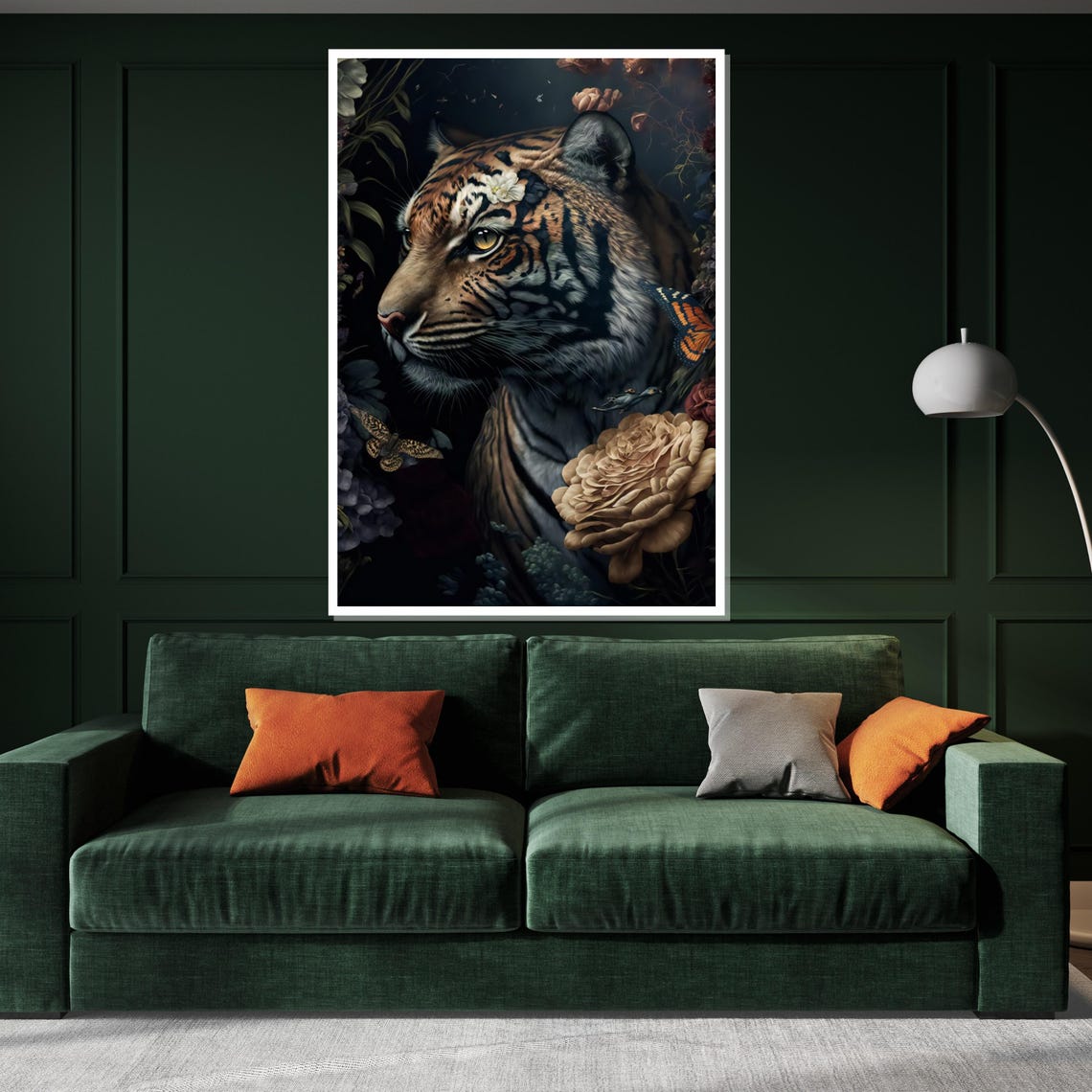Tiger Profile Dark Botanical Butterflies Floral Jungle Art Poster - Image 3