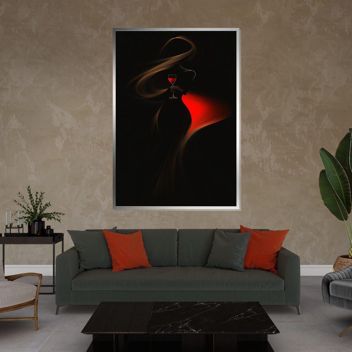 Elegant Woman Silhouette Holding Red Wine Glass Black Art Poster - Image 3