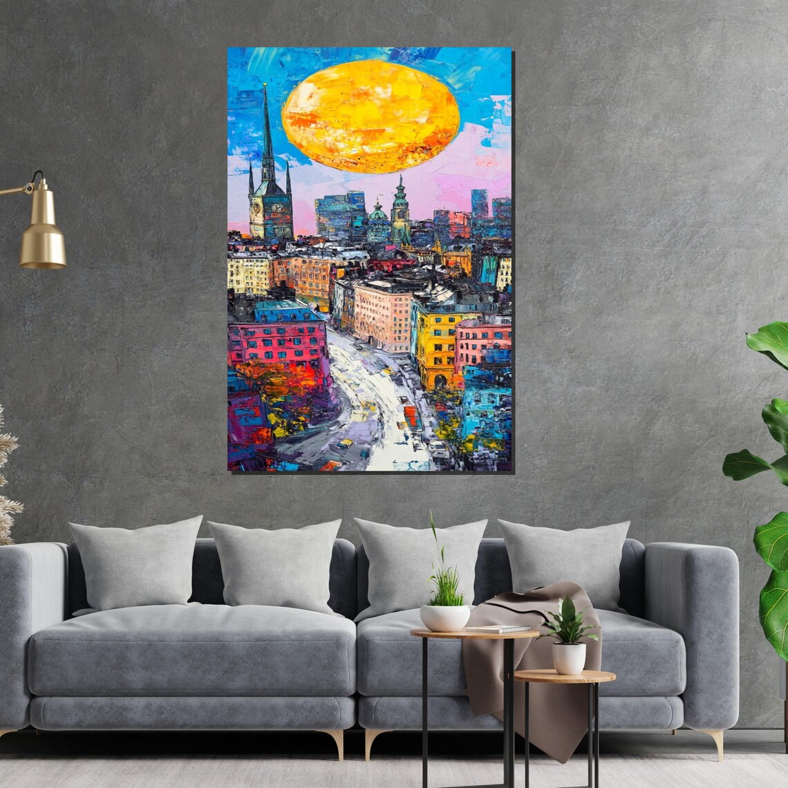 Colorful Cityscape Big Yellow Sun Church Spire Urban Art Poster - Image 2