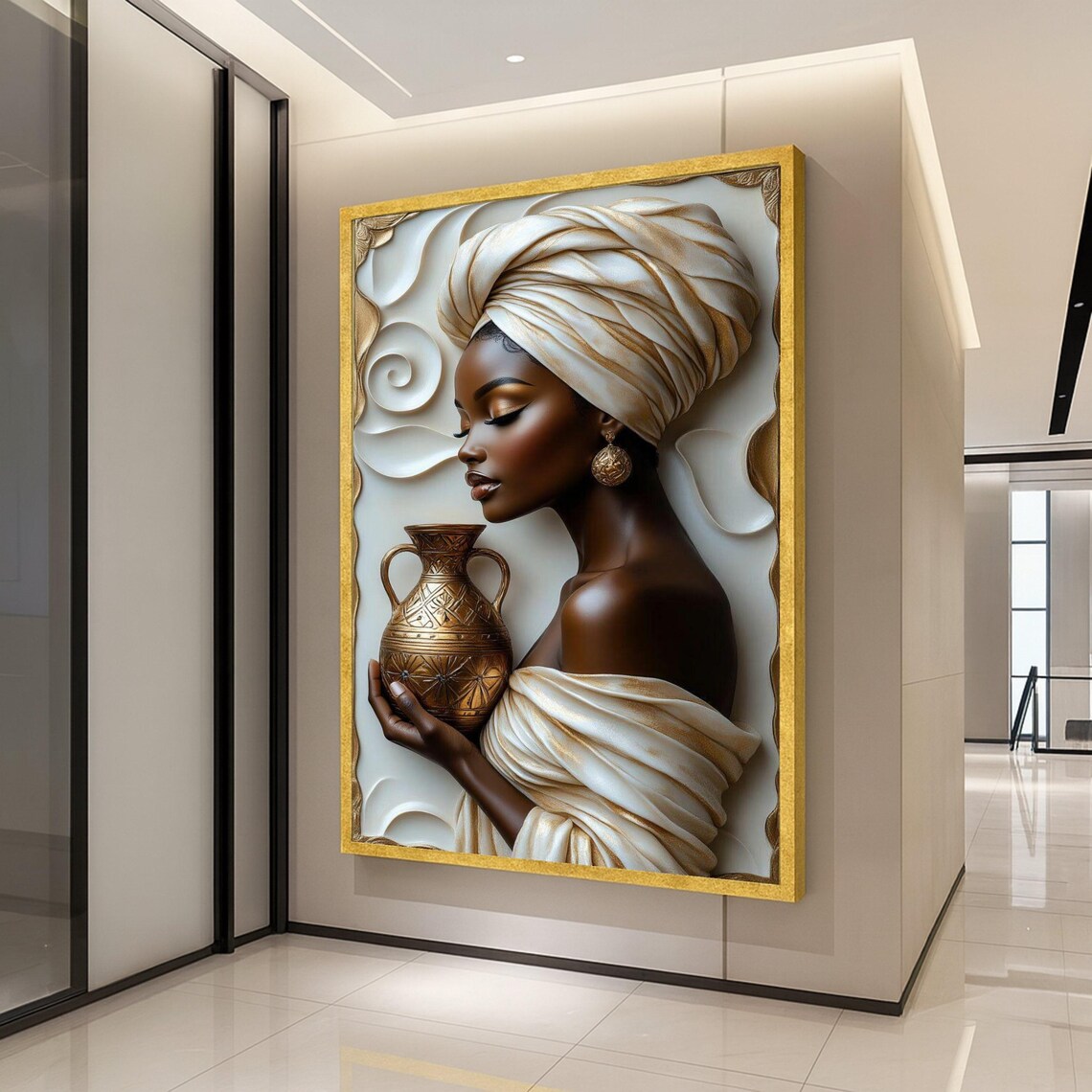 African Woman Golden Turban Bronze Vase Elegant Portrait Poster