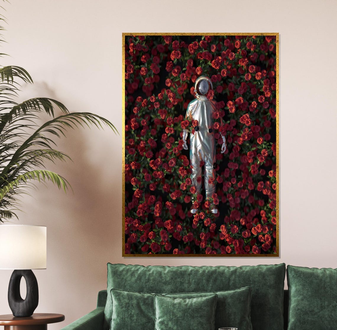 Astronaut Floating in a Sea of Red Roses Surreal Space Art Poster