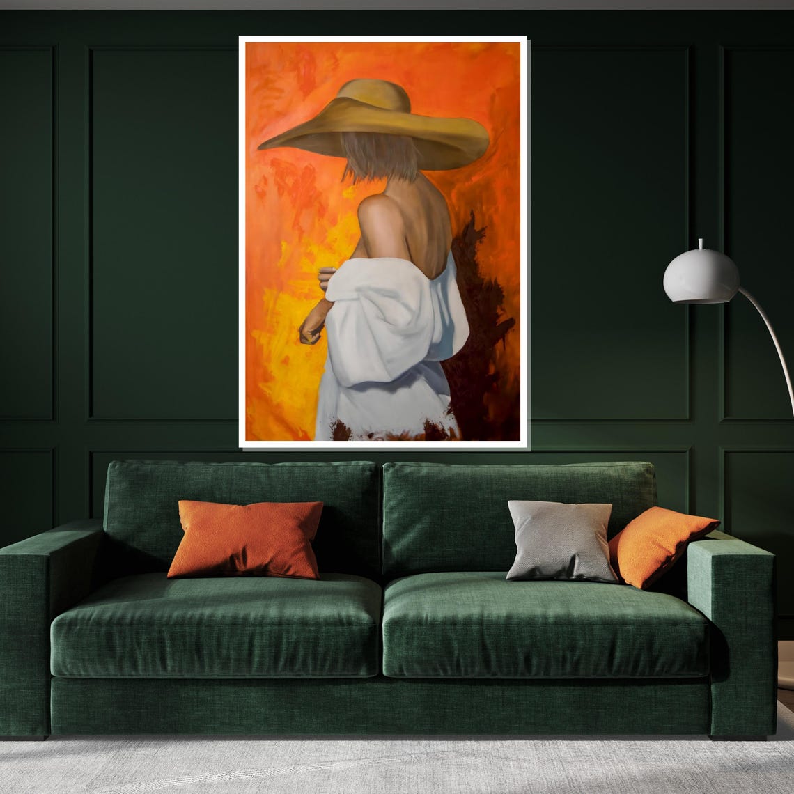 Woman In Wide Brim Hat Fiery Orange Abstract Painting Style Poster - Image 2
