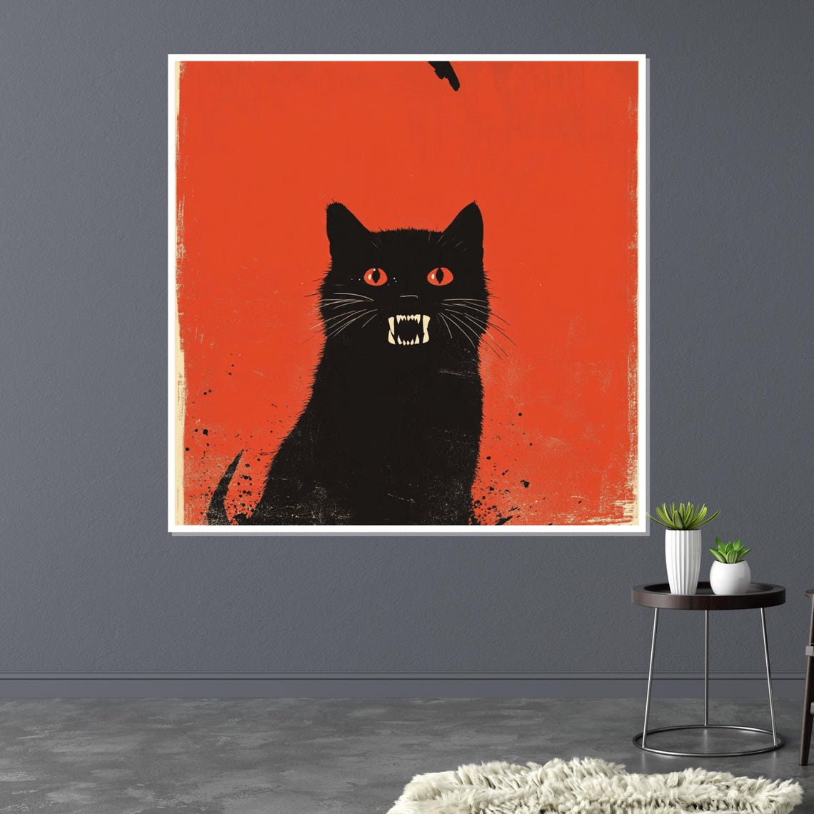 Black Cat Hissing Red Eyes Vintage Halloween Feline Art Poster - Image 3