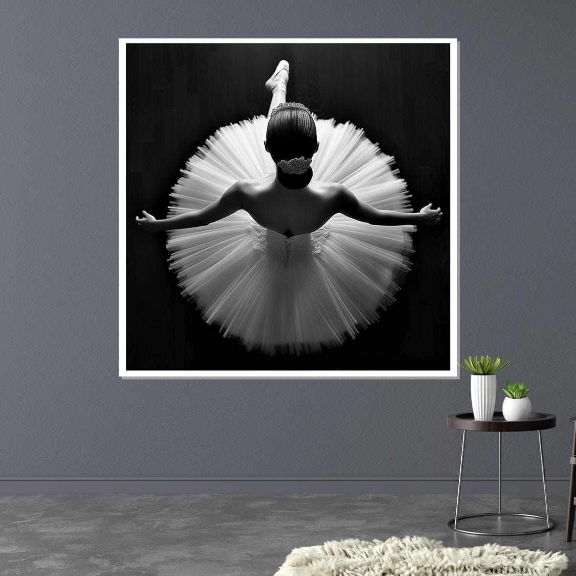 Ballerina from Above in White Tutu Black and White Art Poster - Image 3