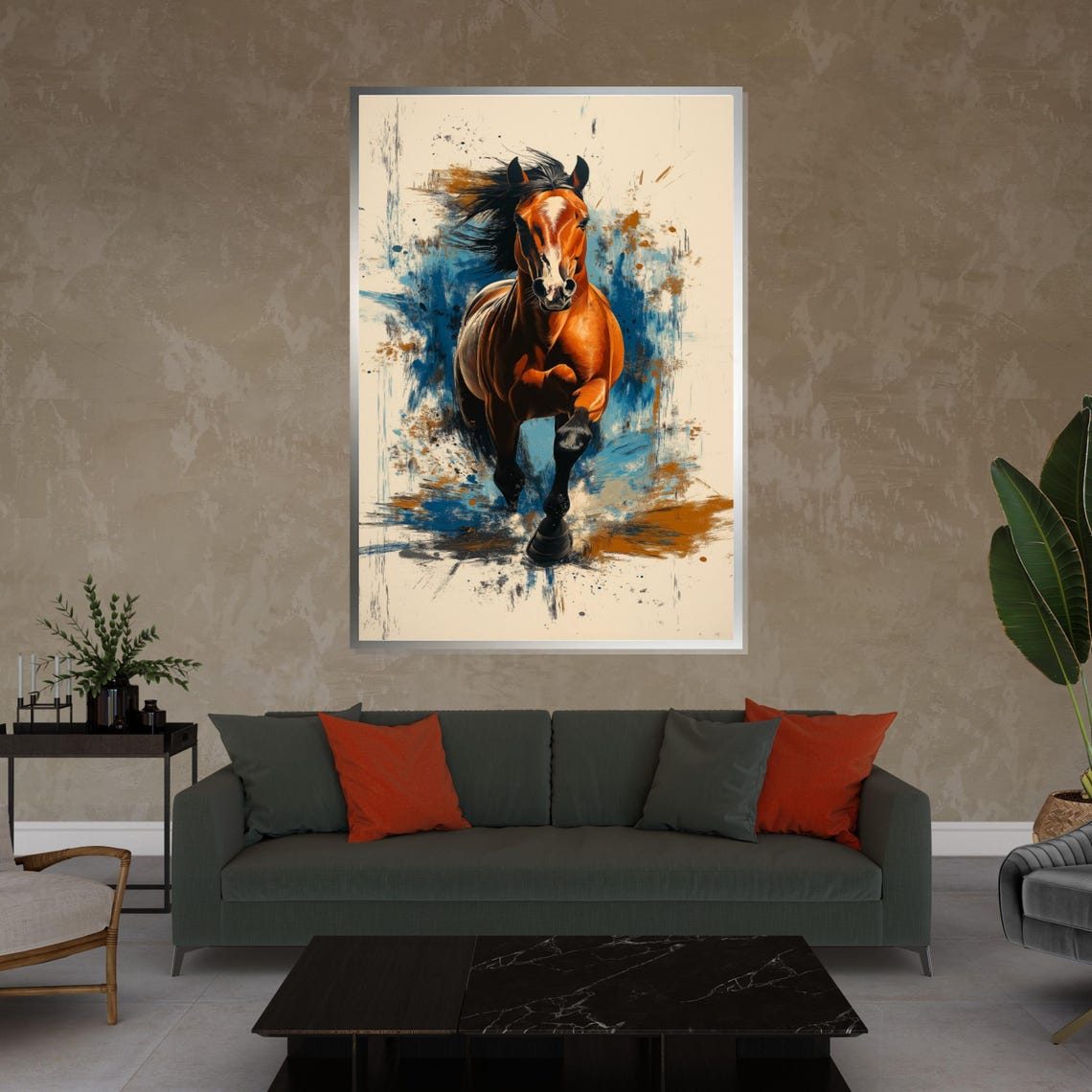 Chestnut Horse Galloping Forward Blue Orange Splash Equine Poster - Image 4