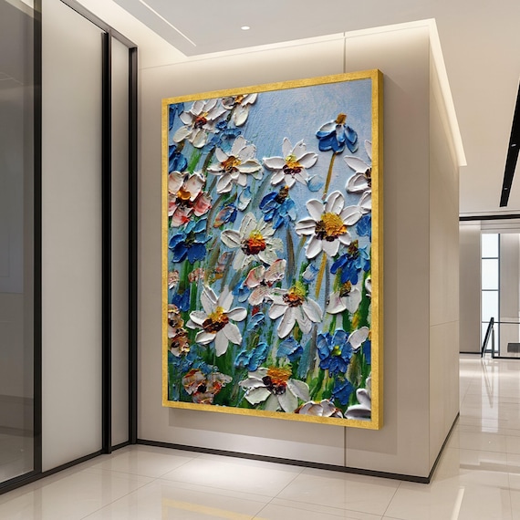White and Blue Daisies Textured Impasto Flower Painting Art Poster