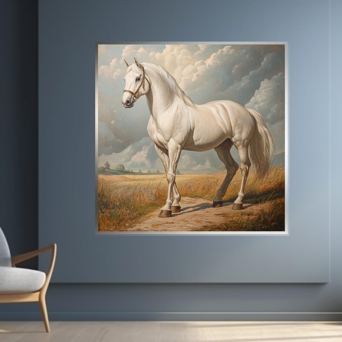 White Stallion On A Country Path Under Cloudy Sky Equine Art Poster - Image 4
