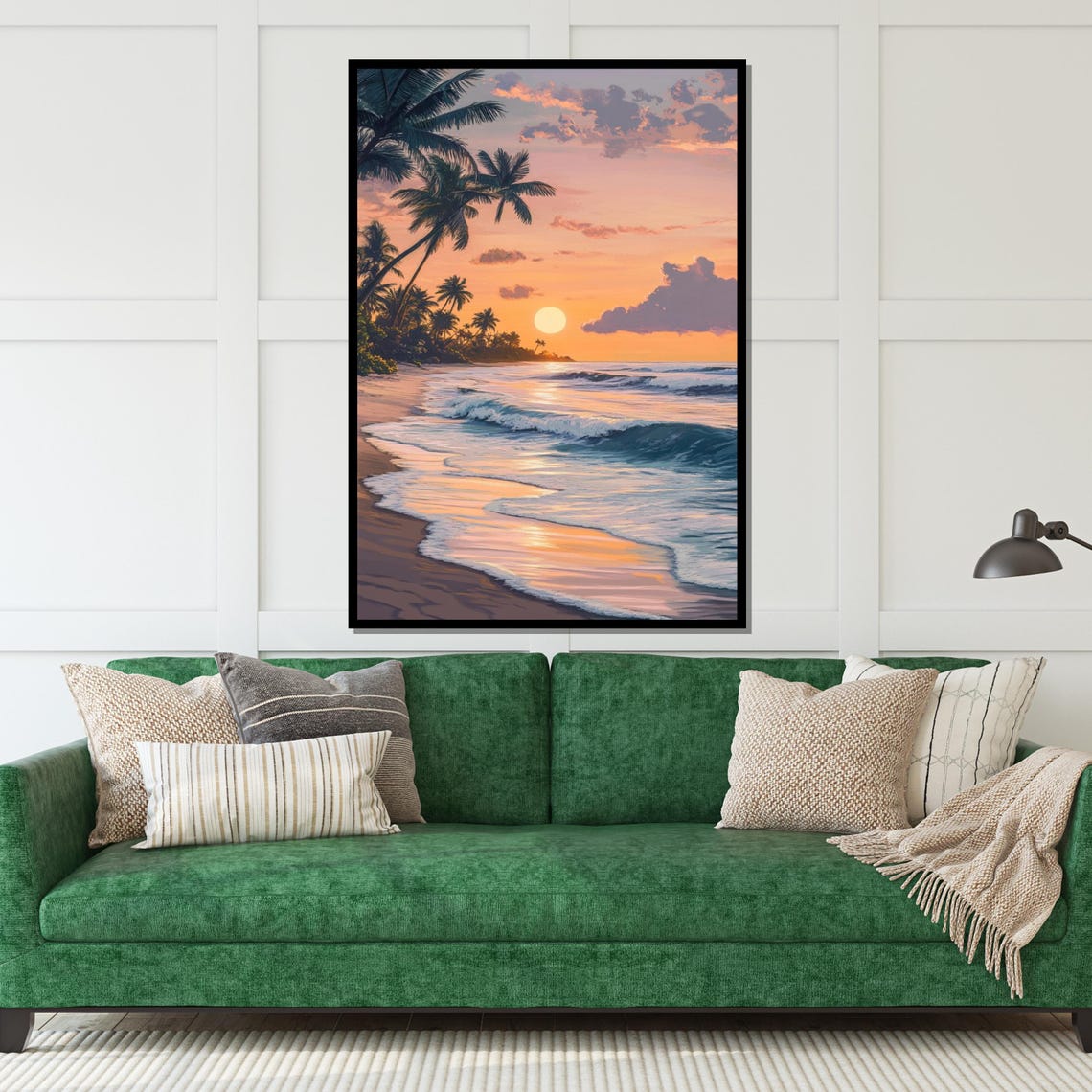 Serene Golden Tropical Beach Sunset Palm Trees Ocean Waves Poster - Image 5