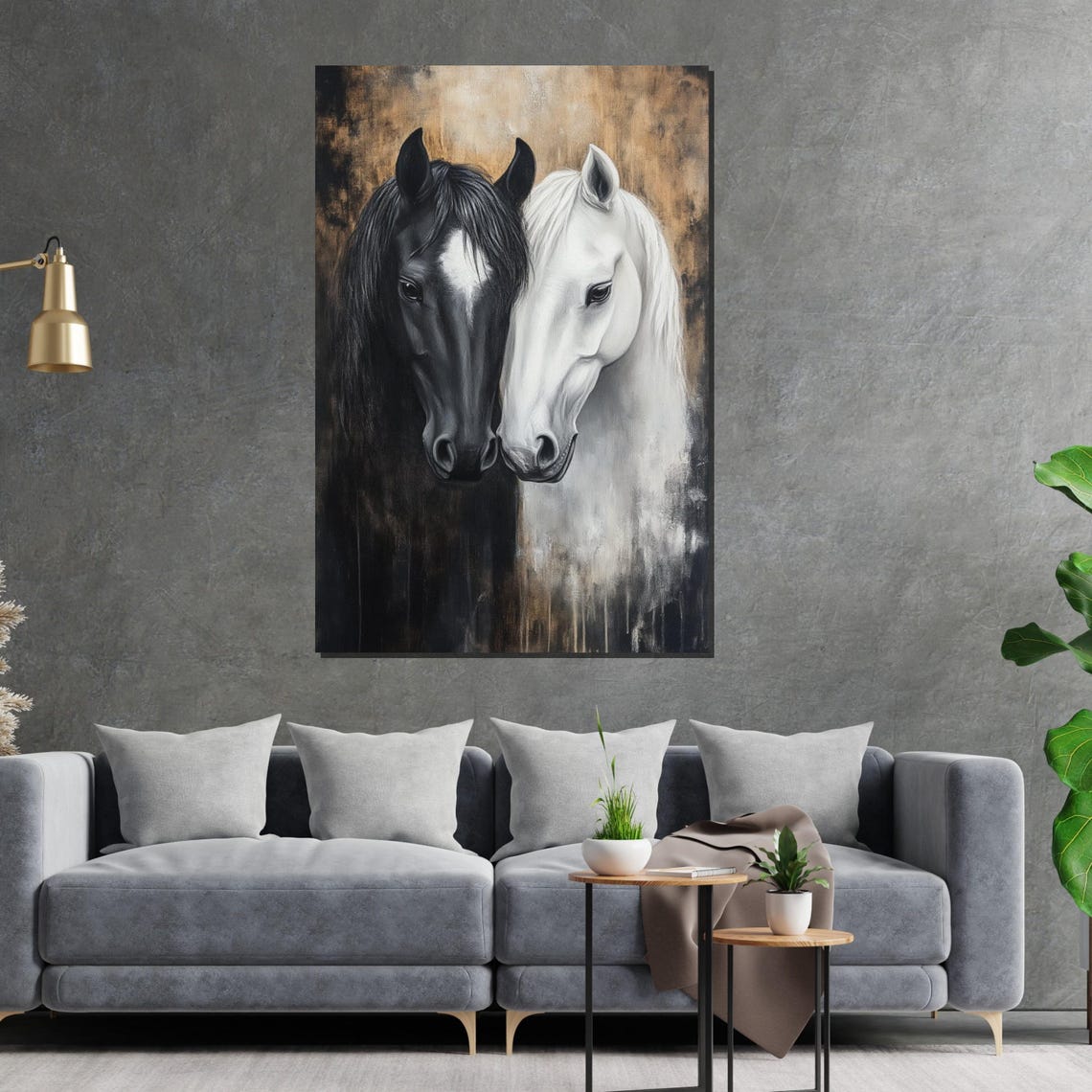 Black and White Horses Together Equine Contrast Decorative Poster - Image 2