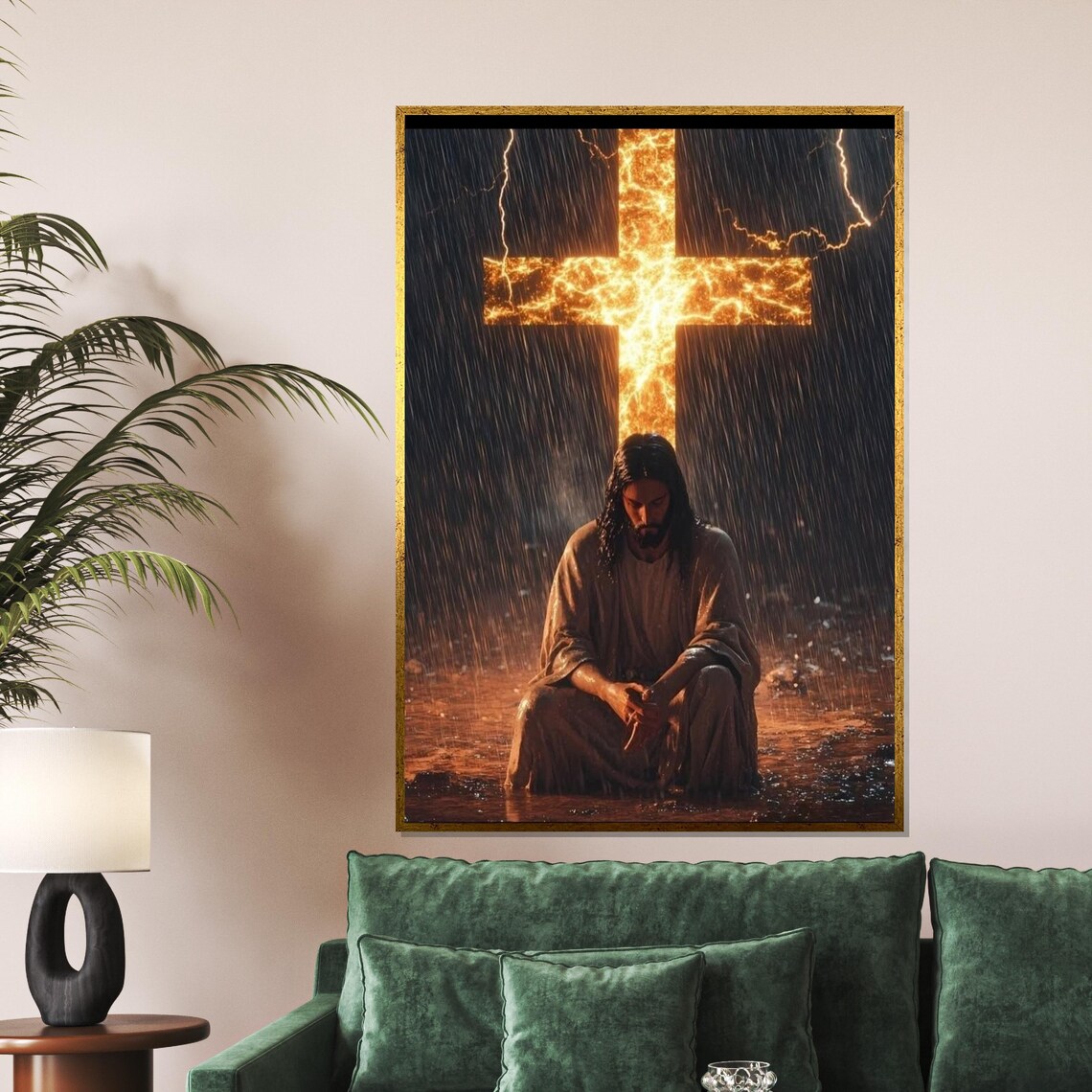 Jesus Kneeling Before Fiery Cross In Rain Christian Faith Wall Art