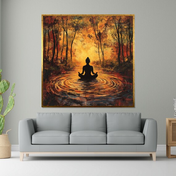 Meditating Woman Silhouette Golden Autumn Forest Lake Poster