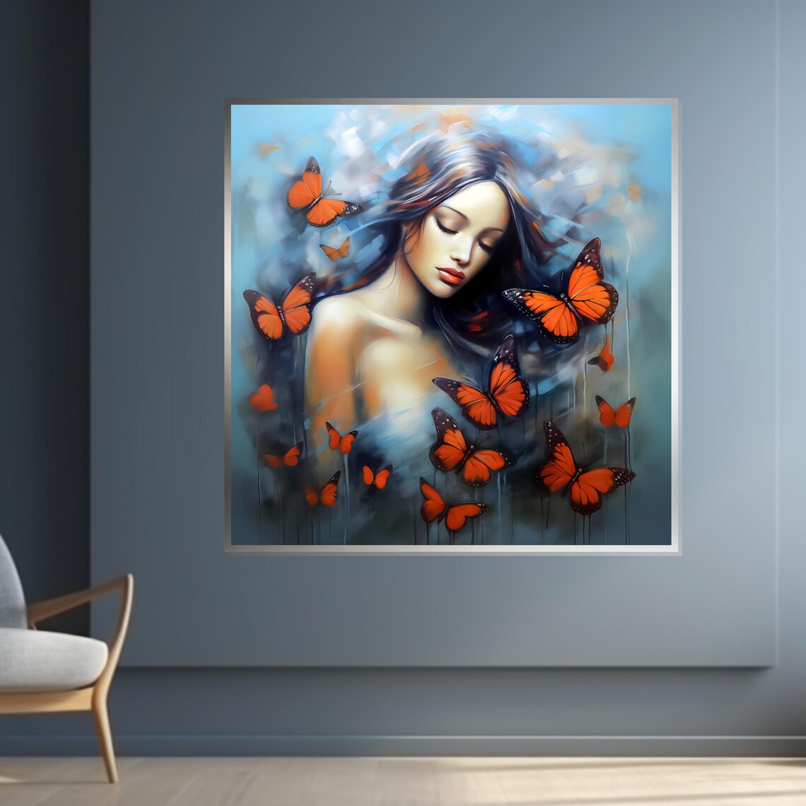 Serene Woman Surrounded By Monarch Butterflies Blue Dreamy Art Poster - Image 4