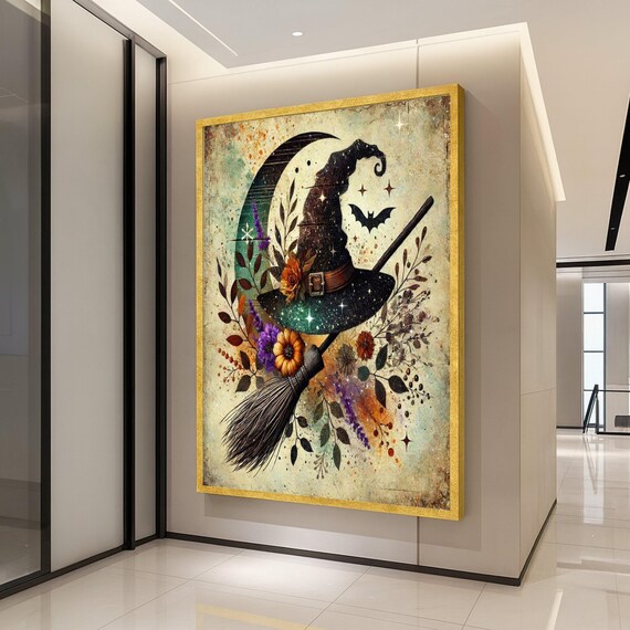 Witch Hat Halloween Canvas Print Mystical Wall Art Rustic Broom Decor Moon And Bat Decoration Ready To Hang