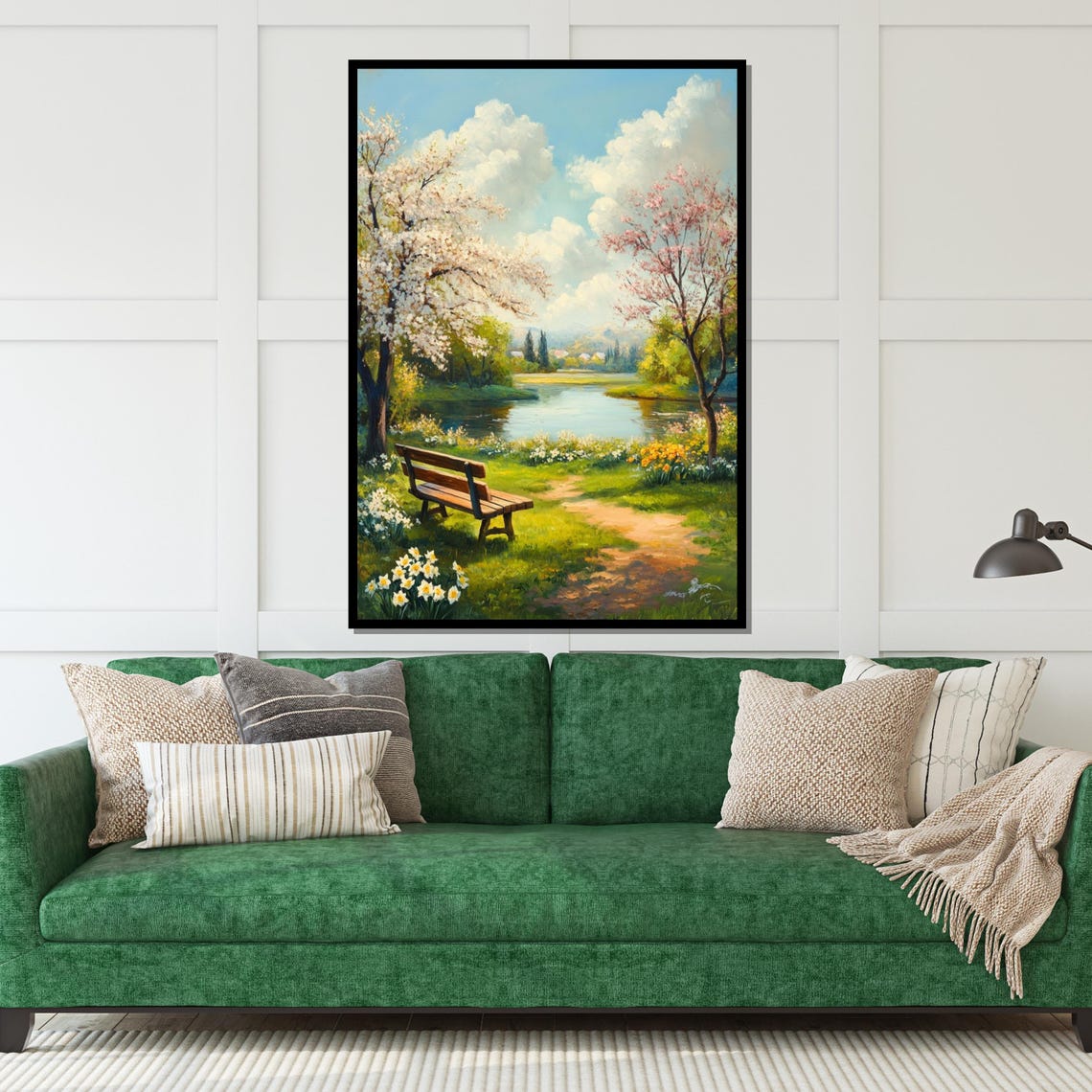 Serene Spring Lakeside Bench Blossom Trees Peaceful Nature Poster - Image 5