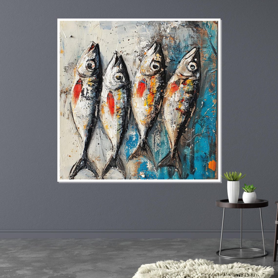 Four Fish Abstract School Blue Red Modern Coastal Art Poster - Image 3
