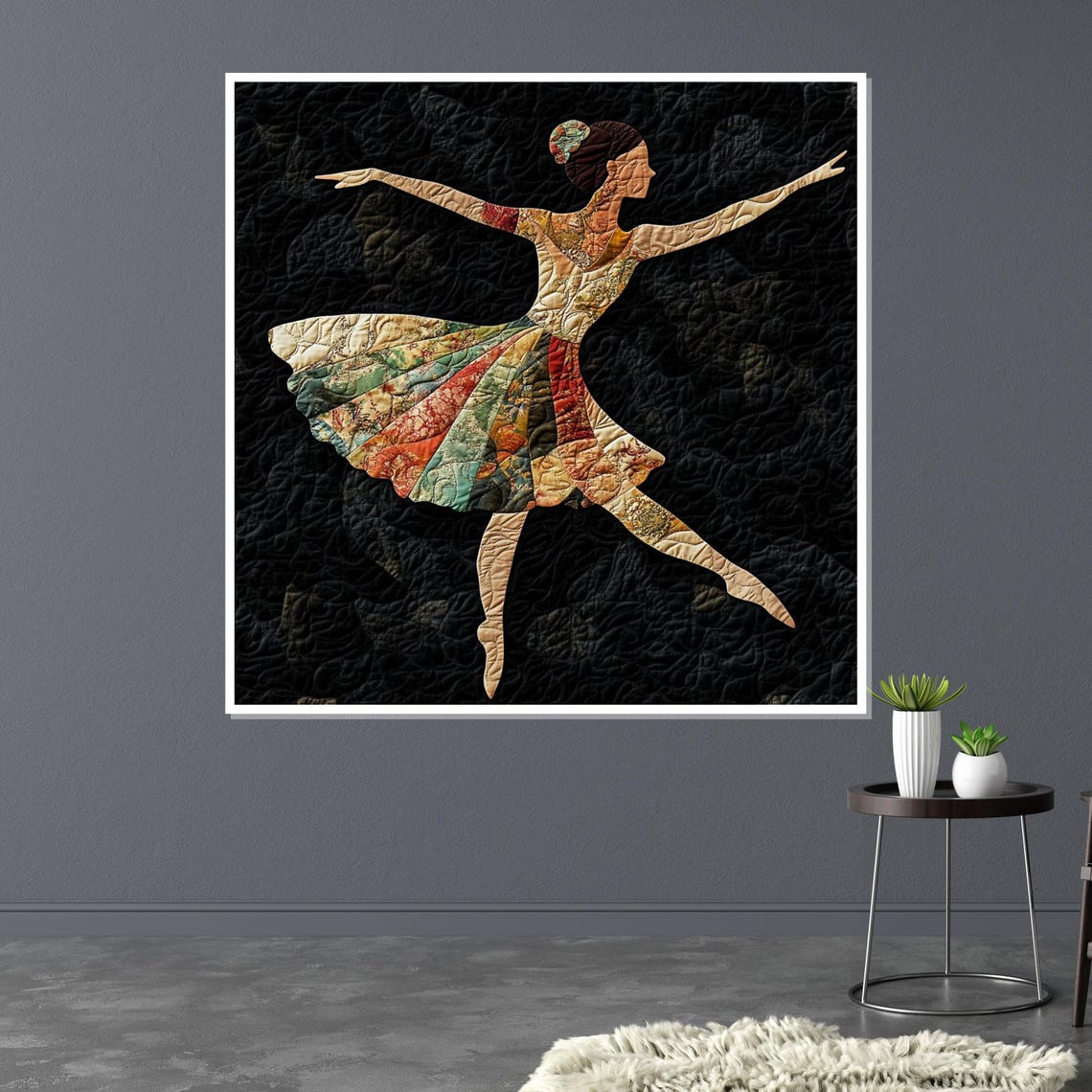 Quilted Patchwork Ballerina Map Skirt Black Background Folk Art Poster - Image 3