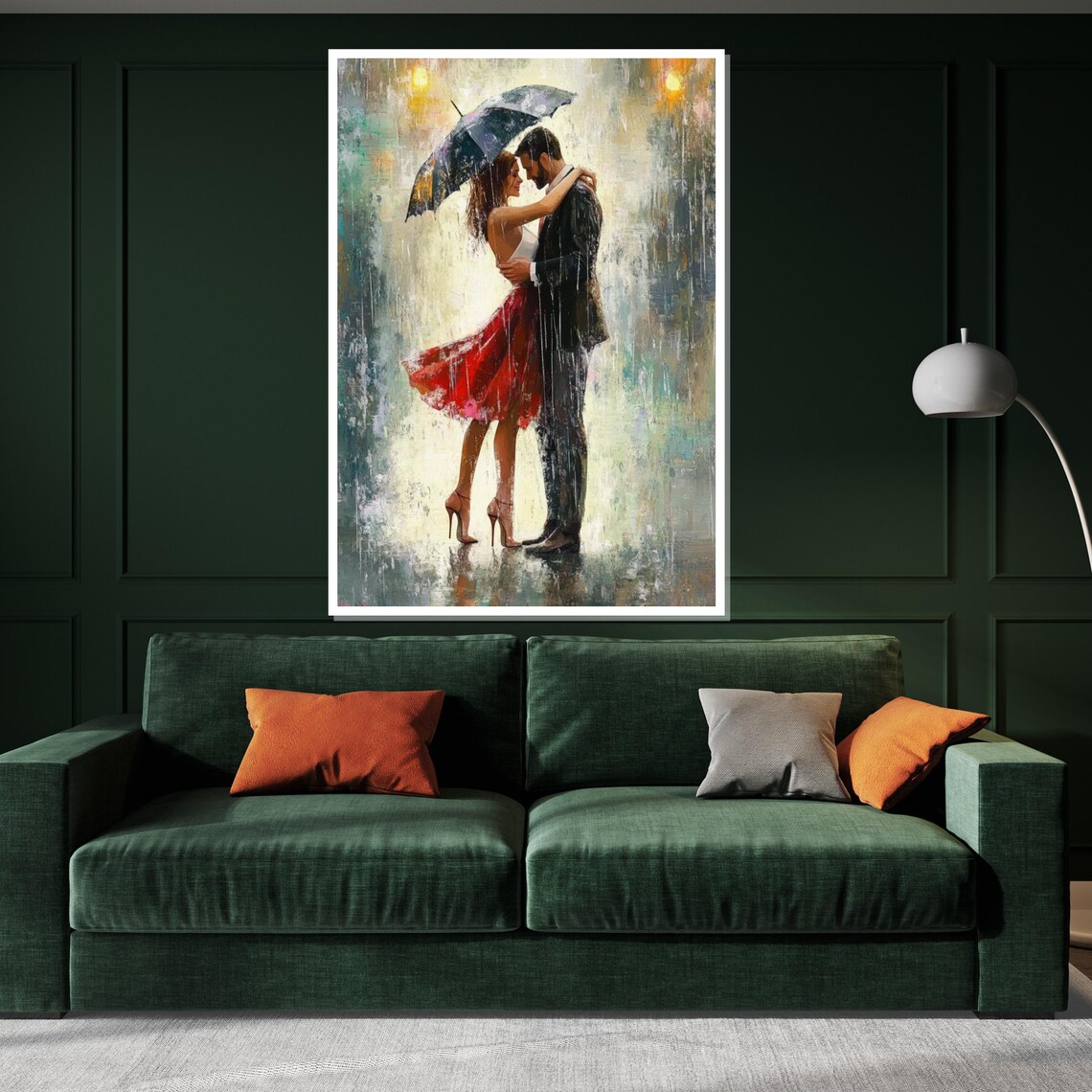 Romantic Couple Under Umbrella in the Rain Red Dress Art Poster - Image 3