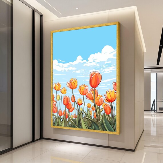 Vibrant Orange Tulips Canvas Art Floral Field Wall Decor Spring Flowers Illustration Blue Sky Landscape Botanical Ready To Hang