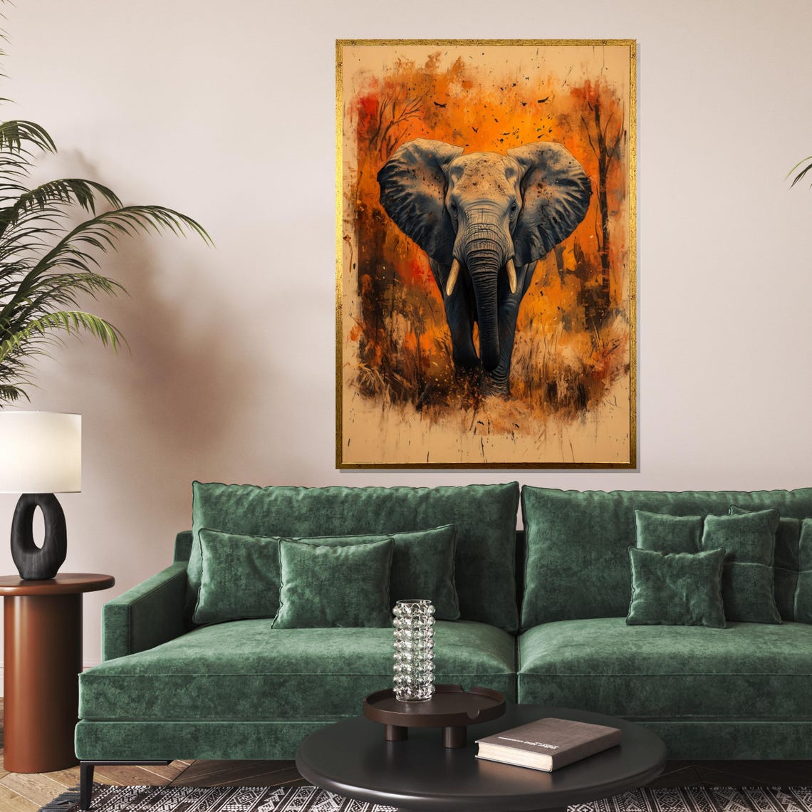 African Elephant Walking Autumn Splatter Vibrant Safari Art Poster