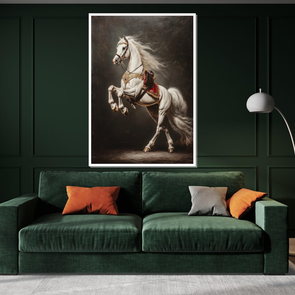 White Horse Rearing Ornate Harness Classical Equestrian Oil Art Poster - Image 3