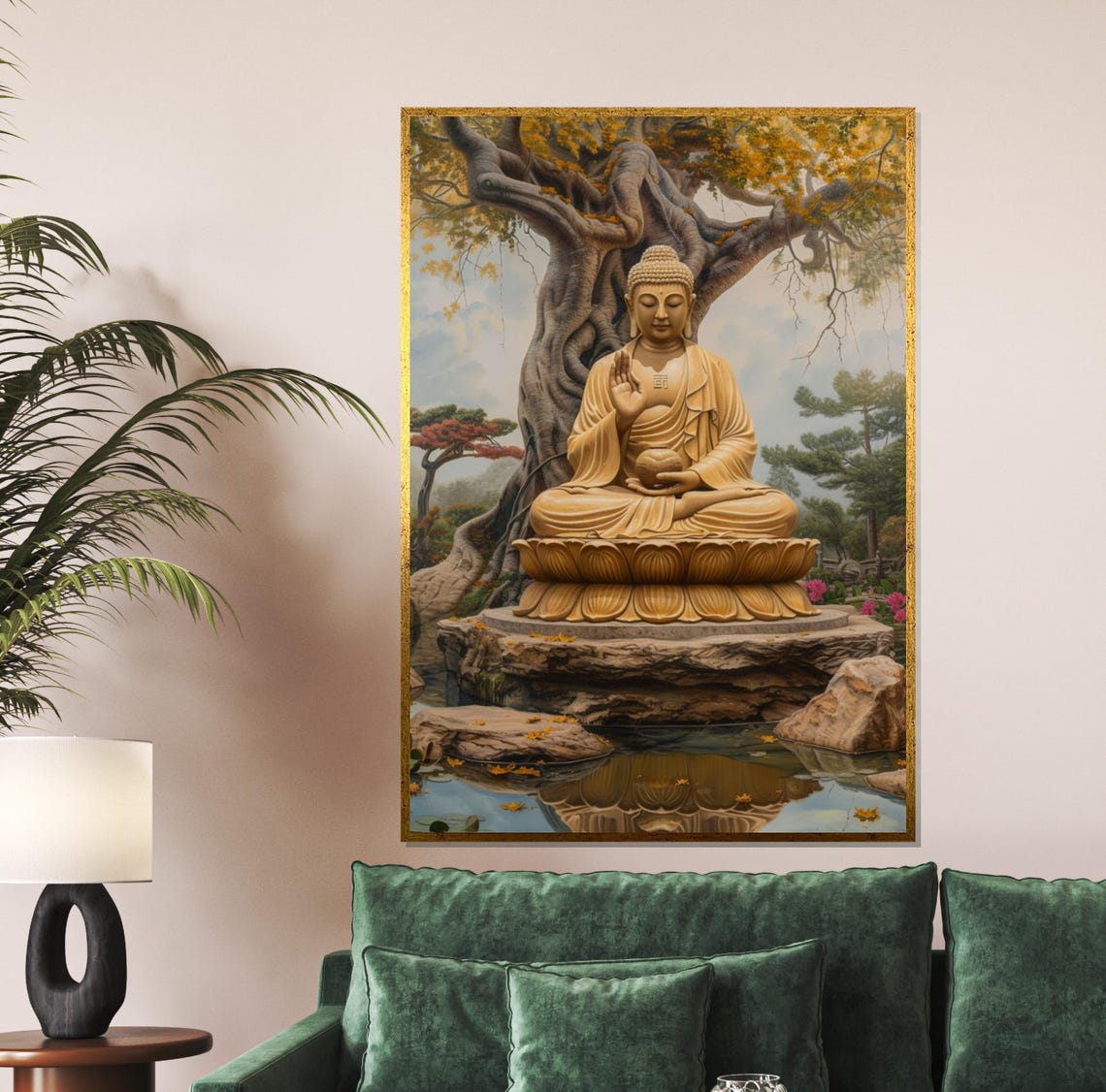 Peaceful Buddha Statue on Lotus Throne Zen Garden Art Poster