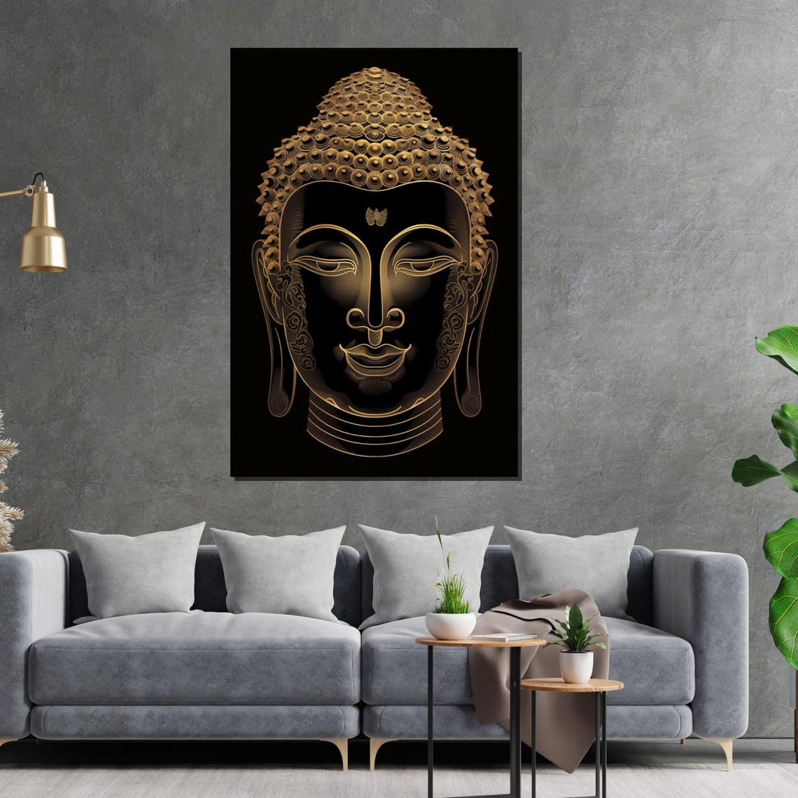 Golden Buddha Face Line Art Black Background Zen Portrait Poster - Image 2